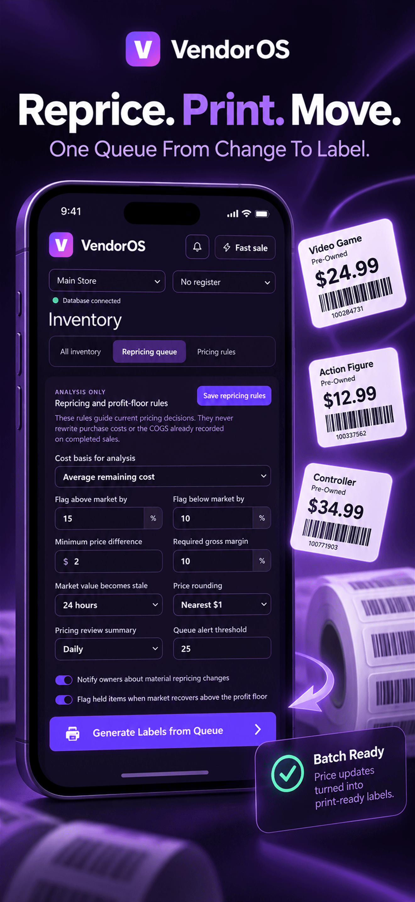VendorOS mobile app: Reprice, print, move
